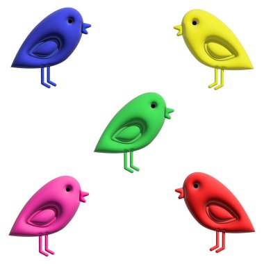 Minimalist çizgi film tarzında çok renkli kuşların görüntüsüne sahip bir set. 3d illüstrasyon.
