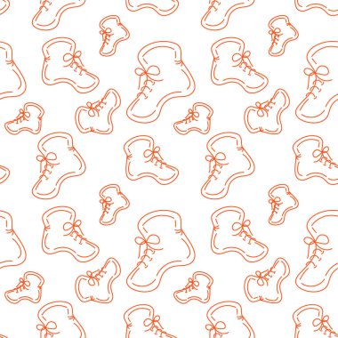 Çizmelerin turuncu renkte doğrusal minimalist tarzda kusursuz desenleri. Vektör tekrar dokusu.