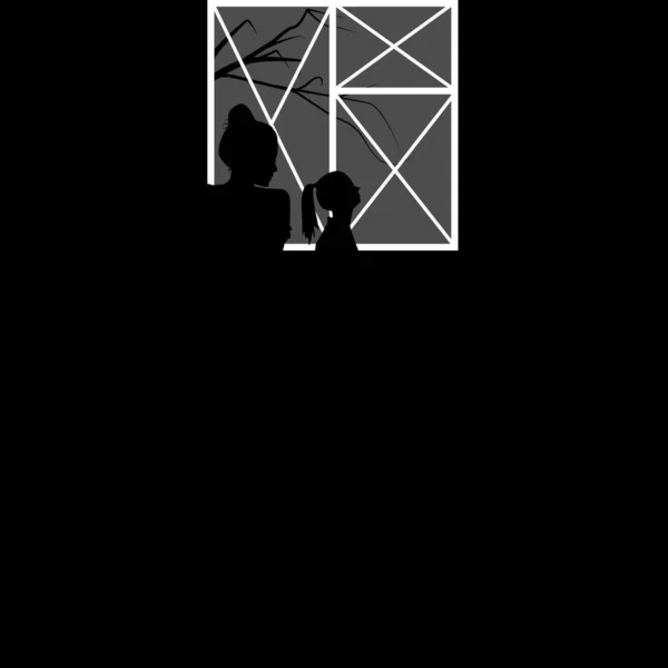 Σιλουέτα μιας γυναίκας και ενός παιδιού στο παράθυρο που καλύπτεται με διασταυρωμένες ρίγες κατά τη διάρκεια της απαγόρευσης κυκλοφορίας — Διανυσματικό Αρχείο