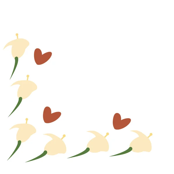 Corner frame of flowers and hearts in trendy shades in a minimalist cartoon style. — стоковый вектор