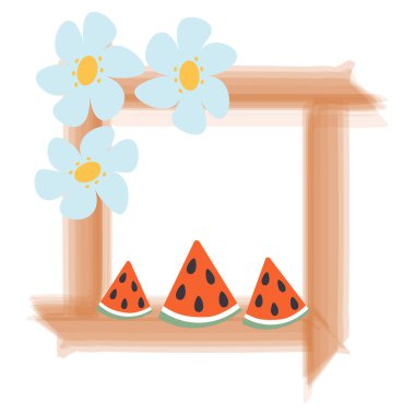 Renkli kare çerçeve, soyut bir çiçek resmi ve karpuz dilimleri çizgi film tarzında. Kopyalama. Örnek. Yaşam tarzı. Poster, kartpostal, tebrik kartı, fiyat etiketi, afiş için şablon