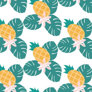 Son moda renklerde elle çizilmiş yaz elementleri ve karpuz dilimi, çiçekler, ananas, egzotik yapraklar gibi dekoratif elementlerle dolu parlak bir yaz deseni. Moda baskı tasarımı. Bunun için rendele