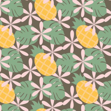 Çiçekler, ananas, egzotik yaprak canavarı gibi sessiz renklerde el yapımı yaz elementleriyle kusursuz desen. Geçmişi. Doku. Moda baskı tasarımı. Paket kağıdı şablonu
