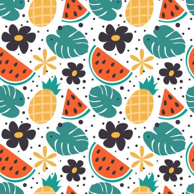 Son moda renklerde el yapımı yaz elementleri ve karpuz dilimi, çiçekler, ananas, egzotik yapraklar gibi dekoratif elementlerle parlak bir yaz deseni. Moda baskı tasarımı. Bunun için rendele