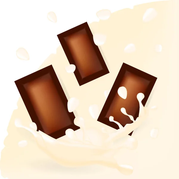 Fallende Milchschokoladenstücke Mit Weißen Schokoladentropfen Und Spritzern Geeignet Für Flyer — Stockvektor