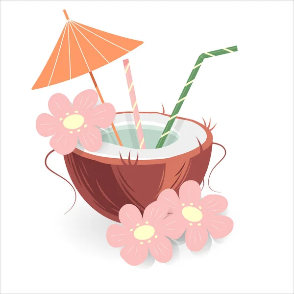 Exotische Kokoscocktail Een Notendop Met Een Paraplu Stro Bloemen Trendy — Stockvector