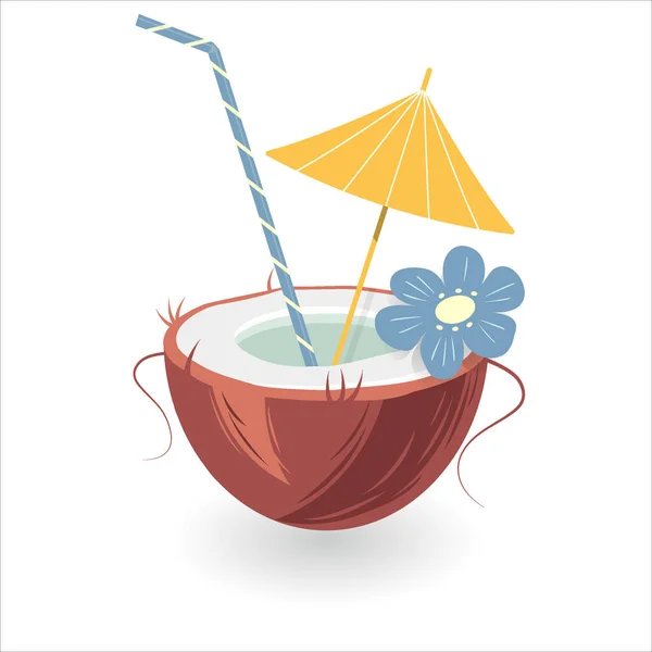 Exotic Coconut Cocktail Nut Shell Umbrella Straw Flowers Trendy Colors — Stockvector
