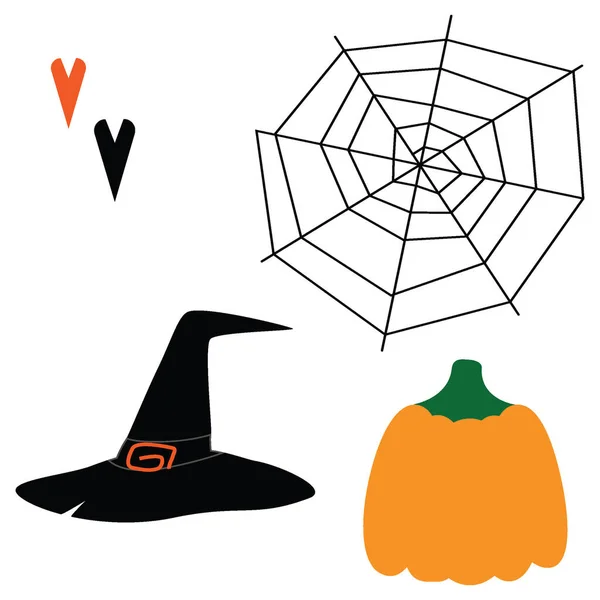 Set Three Colorful Halloween Elements Two Hearts Shapes Pumpkins Witches —  Vetores de Stock