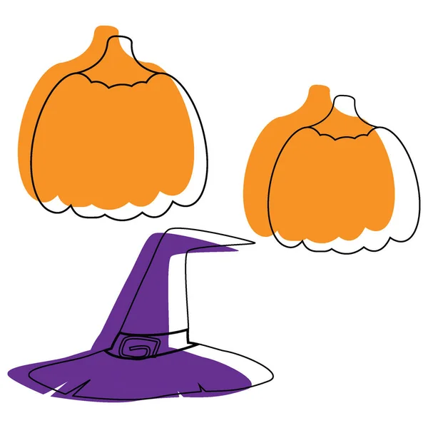 Set Two Colorful Contour Pumpkins Watch Hat Рисунок Контура Красочными — стоковый вектор