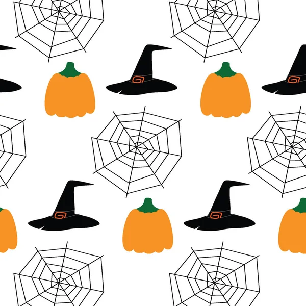 Seamless Halloween Pattern Pumpkin Witches Head Cobwebs Repeating Texture Abstract —  Vetores de Stock