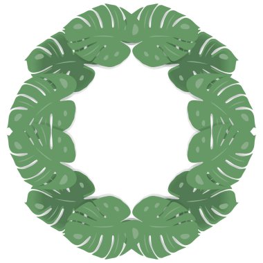 Monstera yaprakları ve çiçeklerin renkli soyut bir görüntüsü olan daire şeklinde çerçeve. Kopyalama. Şablon. Yaşam tarzı. Poster, kartpostal, tebrik kartı, fiyat etiketi, yaşam tarzı için şablon.