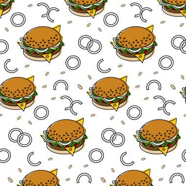 Seamless pattern from hamburgers with cheese, sesame and onion rings on a transparent background. Street food. Lifestyle. Happy Food Day. Isolate. Fashion food print design.