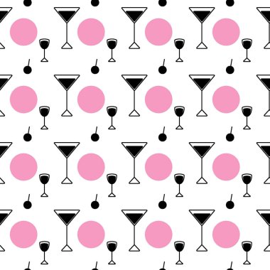 Abstract seamless pattern from a black and white set of vector icons in the form of glasses and colored spots in trendy pink shads on a transparent background. Suitable for cafes, bars and restaurants