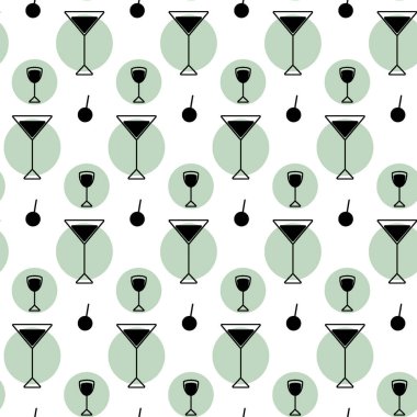 Abstract seamless pattern from a black and white set of vector icons in the form of glasses and colored spots in trendy green hues on a transparent background. Suitable for cafes, bars and restaurants