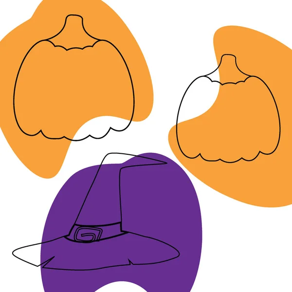 Set Two Pumpkins Witches Hat Outline Drawing Colorful Spots Suitable — Stockvector