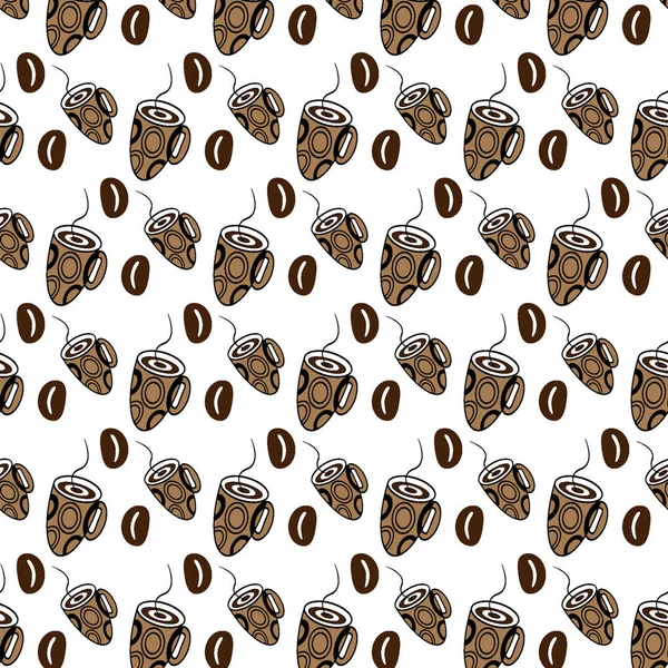 Seamless Pattern Coffee Beans Abstract Stylized Cup Transparent Background Line — Stockový vektor