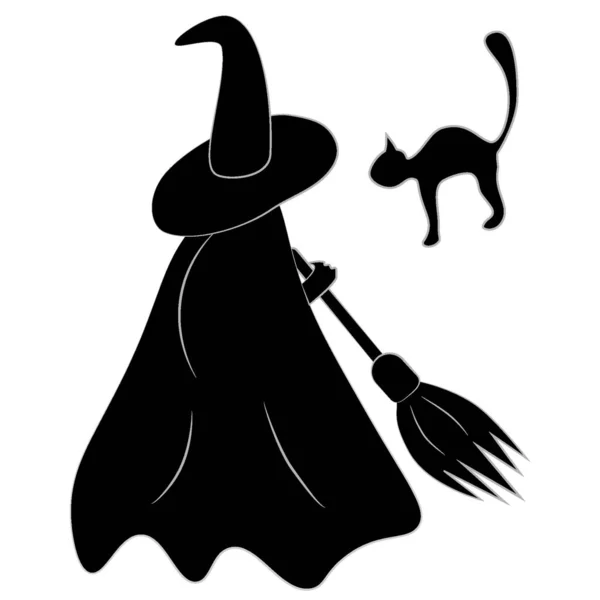 Silhouette Witch Black Cat Transparent Background Happy Halloween Day Isolate —  Vetores de Stock