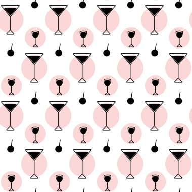 Abstract seamless pattern from a black and white set of vector icons in the form of glasses and colored spots in trendy pink shads on a transparent background. Suitable for cafes, bars and restaurants