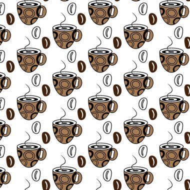 Pattern with Coffee Beans and Abstract Stylized coffee cup on a transparent background. Line Art. Trendy print design. Lifestyle. Happy day of coffee. Suitable for poster wallpaper, congratulations