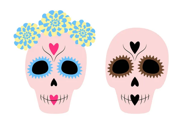 Ensemble Coloré Deux Crâne Sucre Dans Des Tons Mode Jour — Image vectorielle