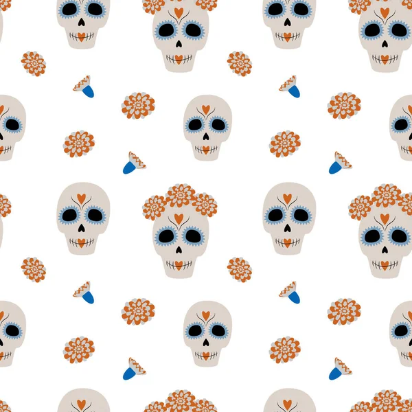无边无际的死亡之日的模式从糖头骨和花朵在时髦的沉默的色调 Dia Los Muertos 墨西哥 适用于海报 邀请函 印刷品 包装纸 — 图库矢量图片