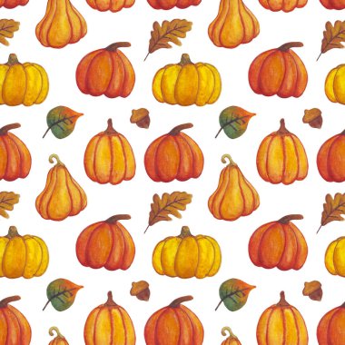 Balkabaklarıyla kusursuz desen. Tekstil, pankart tasarımı, baskılar, sosyal ağlar, web siteleri için suluboya balkabağı deseni.