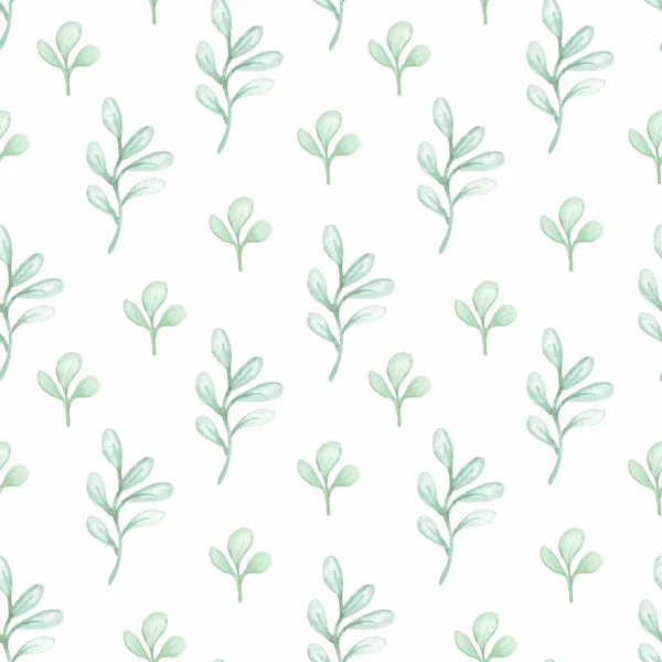 白い背景に緑の小枝と水彩柄 ベクトルシームレスパターン — ストックベクタ