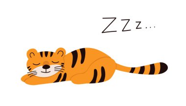 Çizgi film kaplanı uyuyor. Doodle Tiger şirin vektör çizimi.