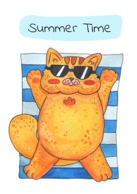 Bir kediyle birlikte yaz kartı. Yaz zamanı. Zencefilli, şişman kedi güneş altında güneşleniyor suluboya resimlerde..