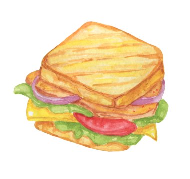 Sandviç suluboya çizimi. Kızarmış tavuk, soğan, yeşil marul, domates ve peynirli sandviç. Fast food.