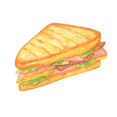 Üçgen sandviç suluboya çizimi. Balıklı sandviç, salata, et, peynir. Fast food.