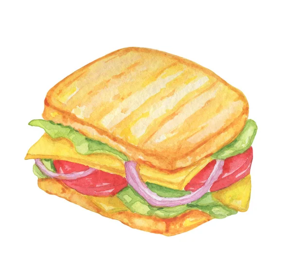 Сендвіч Акварельна Ілюстрація Бутерброд Сиром Зеленим Салатом Помідорами Цибулею Фастфуд — стокове фото