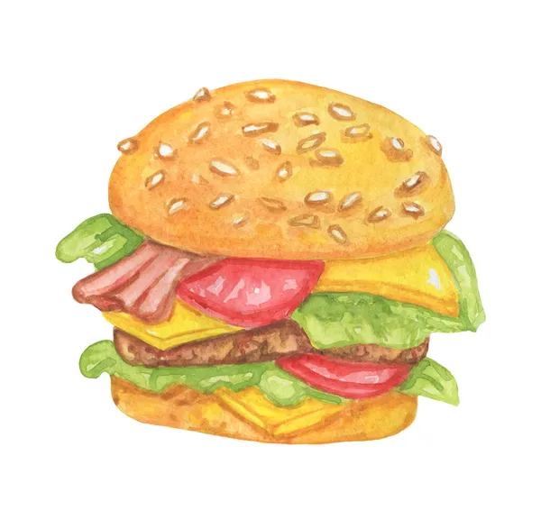 Burger Watercolor Illustration Isolated White Background Hamburger Cheese Beef Patty — Stock Photo, Image