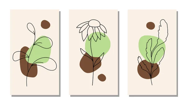 Conjunto Flores Minimalistas Pretas Sobre Fundo Formas Geométricas Abstratas Cores — Vetor de Stock