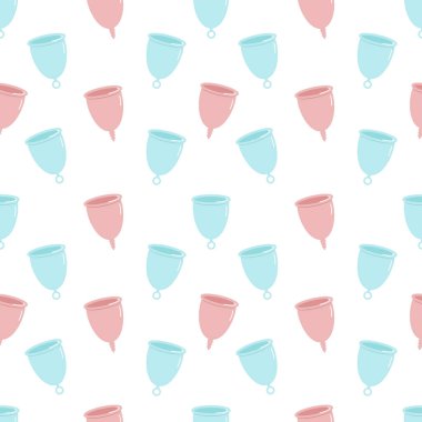 Mavi ve bej aybaşı bardaklı desen. Adet döngüsünün temasındaki desen. Vektör illüstrasyonu.