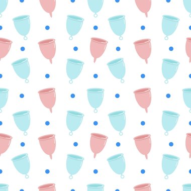 Adet bardağı ve noktalı desen. Adet döngüsünün temasındaki desen. Vektör illüstrasyonu.