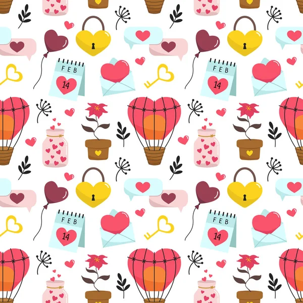 Valentine Day Seamless Pattern Romantic Background Cute Cartoon Vector Doodle — Vetor de Stock