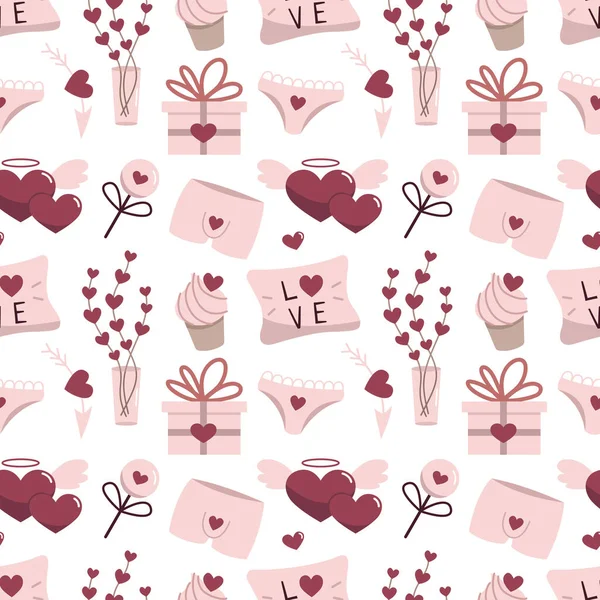 Valentine Day Seamless Pattern Romantic Background Cute Cartoon Vector Doodle Лицензионные Стоковые Иллюстрации