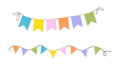 İplik üzerinde çok renkli bayraklar. Şölen dekoru. Vektör çizimi. Bayrakların çelengi. 