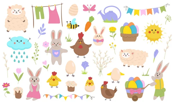 Grande Serie Simpatiche Illustrazioni Pasqua Coniglietto Pasqua Uova Animali Fiori — Vettoriale Stock