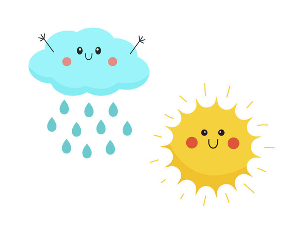 Sun and cloud with a smile. Cloud with rain. Cute cartoon weather illustration.