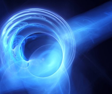 3 boyutlu illüstrasyon. Koyu mavi bir uzayda mavi bir parçacık akışı.