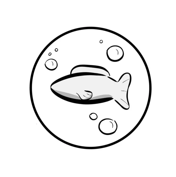 Fish Bubbles Outline Illustration Hand Drawn Fish Circle Cartoon Sketch — Stockfoto