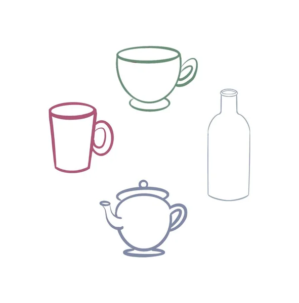 Crockery Cups Bottle Glass Bottle Kettle Outline Doodle Drawing Sketchy — 图库照片