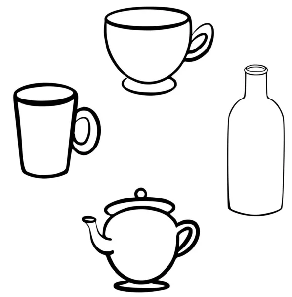 Crockery Set Cups Bottle Glass Bottle Kettle Outline Doodle Drawing — Vector de stock