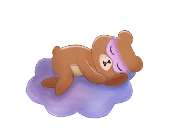 Drawing of a bear sleeping on a purple cloud. The illustration is hand drawn and pastel colored. Cute bear has a sleeping mask on.