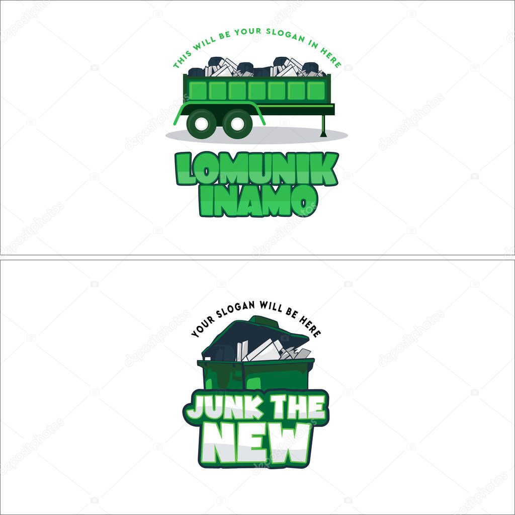 Green black white line art trash can pile garbage combination mark logo design concept suitable for cleaning services company dustman