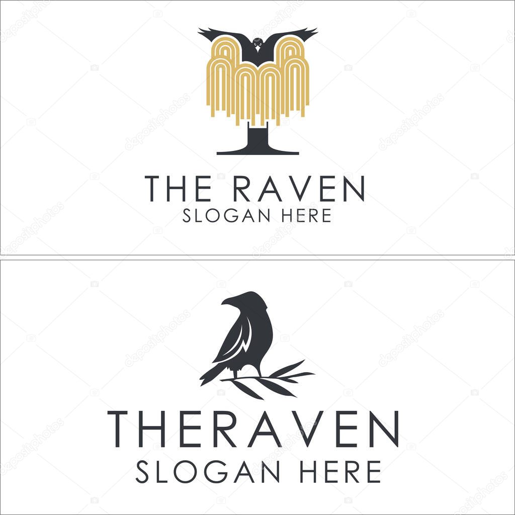 Black raven wings fly branch leaf symbol logo design vector illustration suitable for fashion clothing brand accessories animal bird