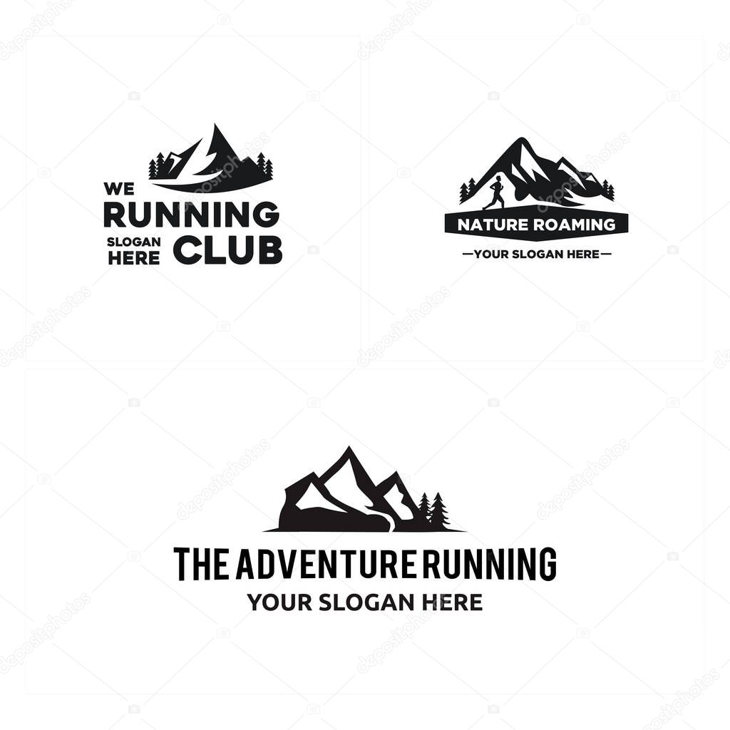 Set of running sport mountain adventure logo design with silhouette mountain tree man run vector illustration suitable for club training coaching nature outdoor sport climbing hiking