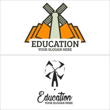 Eğitim yel değirmeni kalem ve kitap logosu tasarımı